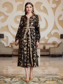 Modelyn Women's Full Printed Lace Splice Dress Long Evening Dresses