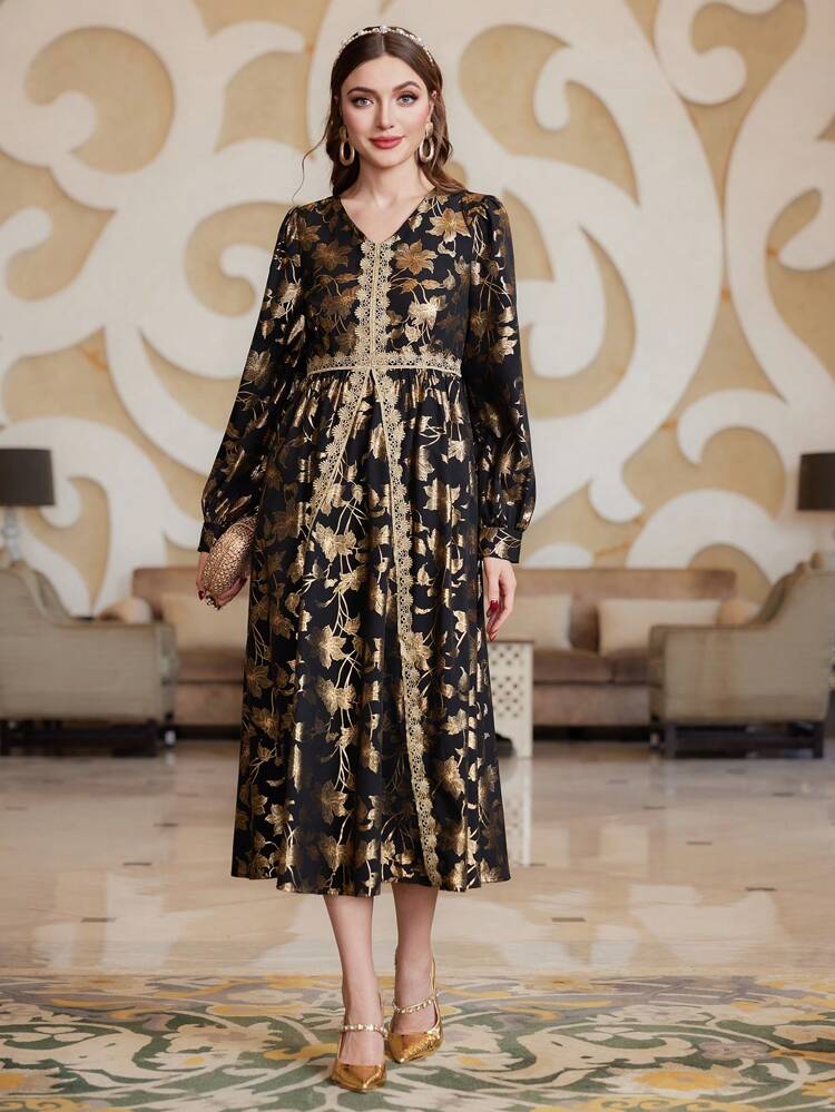 Women's Full Printed Lace Splice Dress Long Evening Dresses Fall Cloth For Women