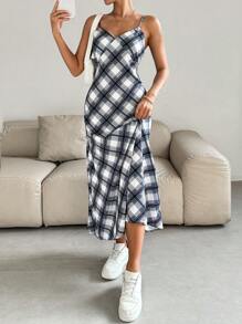 SHEIN Essnce Plaid Cami Long Casual Spring Dress - Blue - View 5