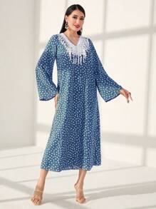 Al Najma Full Printed Patchwork Water Soluble Lace V-Neck Kaftan - Blue - View 4