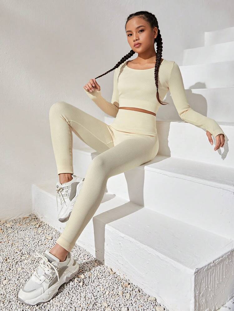 Teen Girls' Seamless Knitted Solid Color U Neck T-Shirt And Long Pants Sports Set