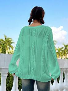 SHEIN Unity 純色寬鬆落肩毛衣 - 綠色 - 查看 2