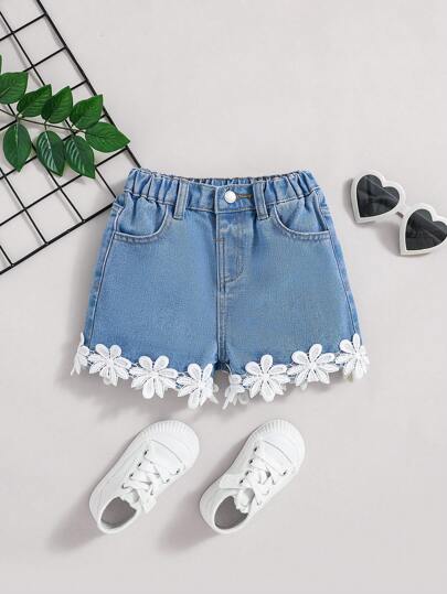 SHEIN Young Girl Spring Summer Boho Cute Lace Trim Elastic Waistband Loose Fit Comfortable Denim Shorts Jeans Shorts