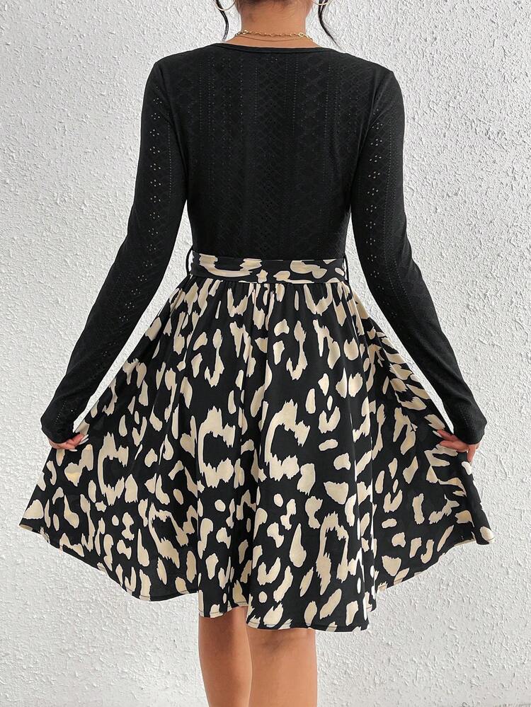 Women'S Sweetheart Neckline Printed Dress With Waist Belt Winter Casual