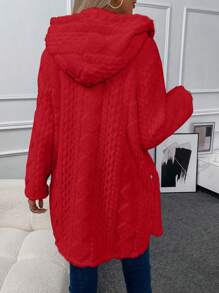 SHEIN LUNE 女士實色毛絨扣前帽子外套 - 紅色 - 查看 2