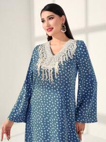 Al Najma Full Printed Patchwork Water Soluble Lace V-Neck Kaftan - Blue - View 5