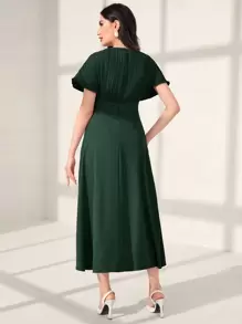 Seusyu Women's Batwing Short Sleeve Patchwork Pleated Dress - Dark Green - View 2