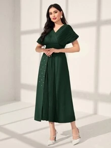 Seusyu Women's Batwing Short Sleeve Patchwork Pleated Dress - Dark Green - View 4