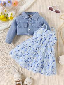 Conjunto de chaqueta de mezclilla y vestido floral con tirantes en forma de pastel para bebé niña, 2 piezas - Azul - Ver 6