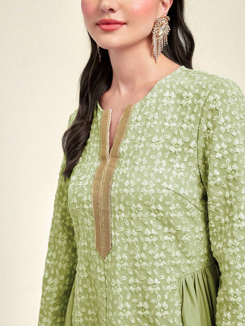 Women's Floral Embossed Notched Collar Tape Detail Dress, Modest