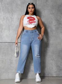 SHEIN EZwear 修身版型破洞設計mom牛仔褲 大尺碼 - 淺色水洗藍 - 查看 3