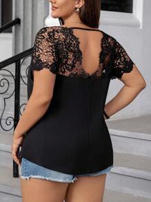 Rometta Plus Size Women'S Lace Splice Open Back Blouse - Black - View 2