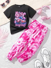 SHEIN Explorewe مجموعة قصيرة الأكمام للفتيات الصغيرات، تي شيرت بنمط السيارة، ملابس رياضية بنمط تاي داي للجوجرز - متعدد الألوان - مشاهدة 6