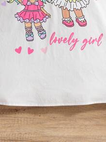 Tween Girls' Cartoon & Letter Print Puff Short Sleeve Patchwork Dress - Multicolor - View 3