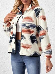 SHEIN LUNE Women's Geometric Pattern Sherpa Jacket - Multicolor - View 1