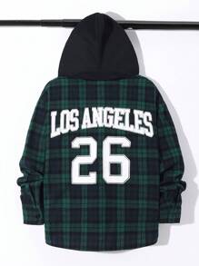 SHEIN 男孩休閒格紋紐扣襯衫,字母印花與拼色帽子 - 墨綠色 - 查看 1