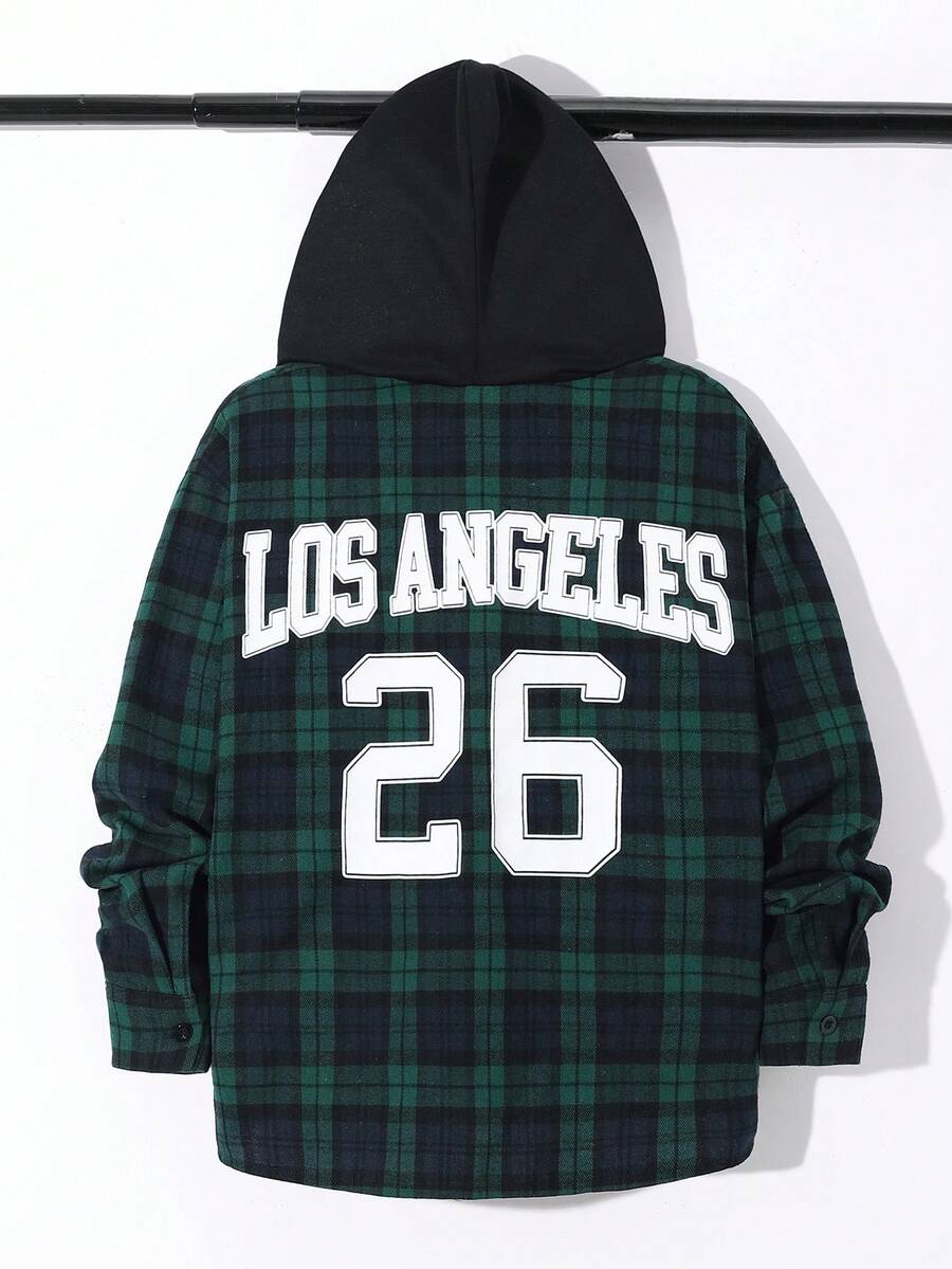 SHEIN 男孩休閒格紋紐扣襯衫,字母印花與拼色帽子 - 墨綠色 - 查看 1