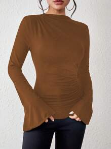 Chiquease 褶襉細節喇叭袖 T 卹 - 咖啡棕 - 查看 4