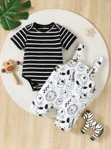 SHEIN Bộ đồ liền thân thoải mái và bộ quần short vải thô in hình động vật dễ thương cho bé trai sơ sinh cho mùa hè - Đen và trắng - Xem 5