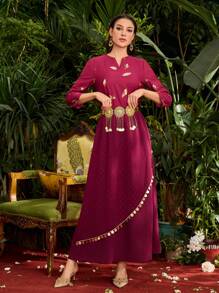 Al Najma Burgundy Red Women'S Metallic Sequin Decoration Wrapped Bodycon Skirt - Burgundy - View 6