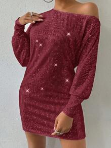 Allurite Asymmetrical Neckline Glitter Dress - Burgundy - View 5