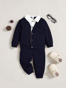 SHEIN Leap Crew Conjunto de Jaqueta e Calça Longa Tricotada Retalhos de 2 em 1 para Meninos Bebês - Azul Royal - Visão 3