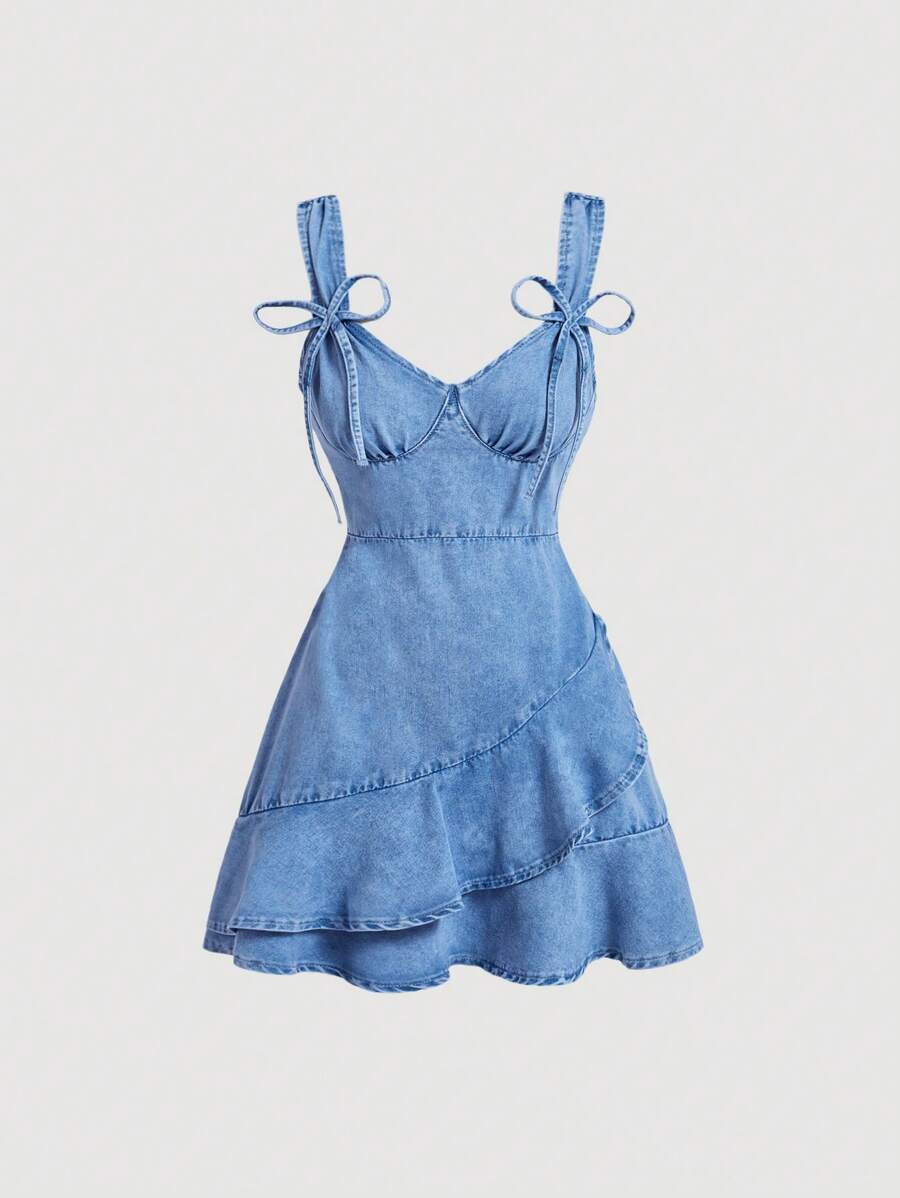 SHEIN MOD Women's Denim Dress Decorated With Ruffle Hem And Cinching Waist