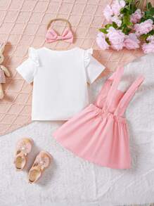 SHEIN Conjunto de vestido de tirantes cortos con estampado de conejito lindo para bebé niña, de mangas cortas y adornado con tirantes, para verano - Rosa - Ver 2