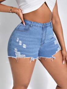 SHEIN SXY Women'S Plus Size Stretchy Tight Ripped High Waisted Denim Shorts