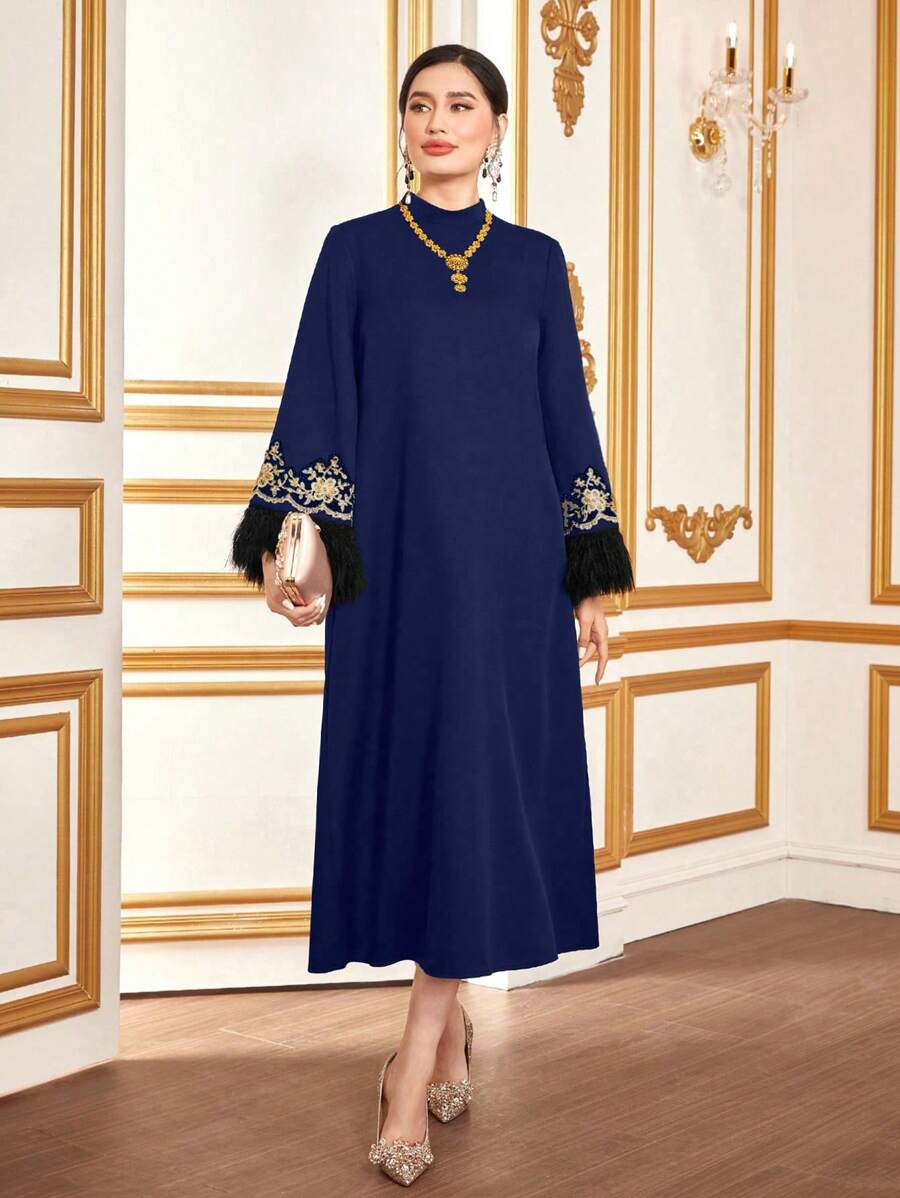 Al Najma Tassel Patchwork Half High Collar Dress Kaftan Jalabiya Dress - Royal Blue - View 1