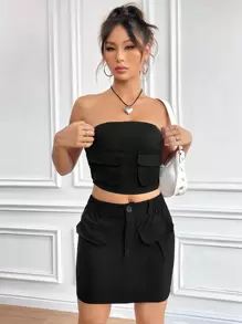 SHEIN Unity Conjunto De 2 Piezas Tipo Cargo Con Falda Y Top Sin Tirantes De Color Liso Para Mujer - Verde - Ver 5