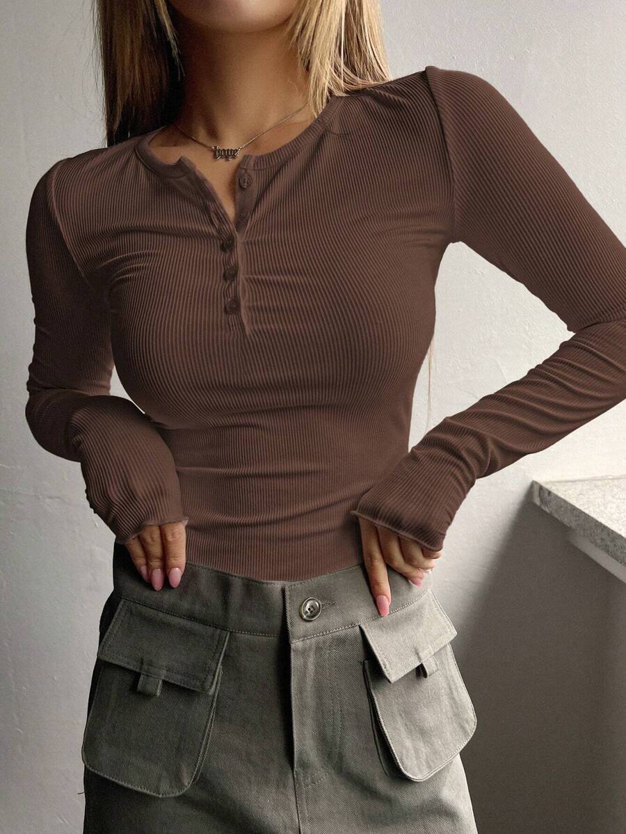 DAZY 长袖半扣亨利衫，秋装 - 咖啡棕 - 查看 1