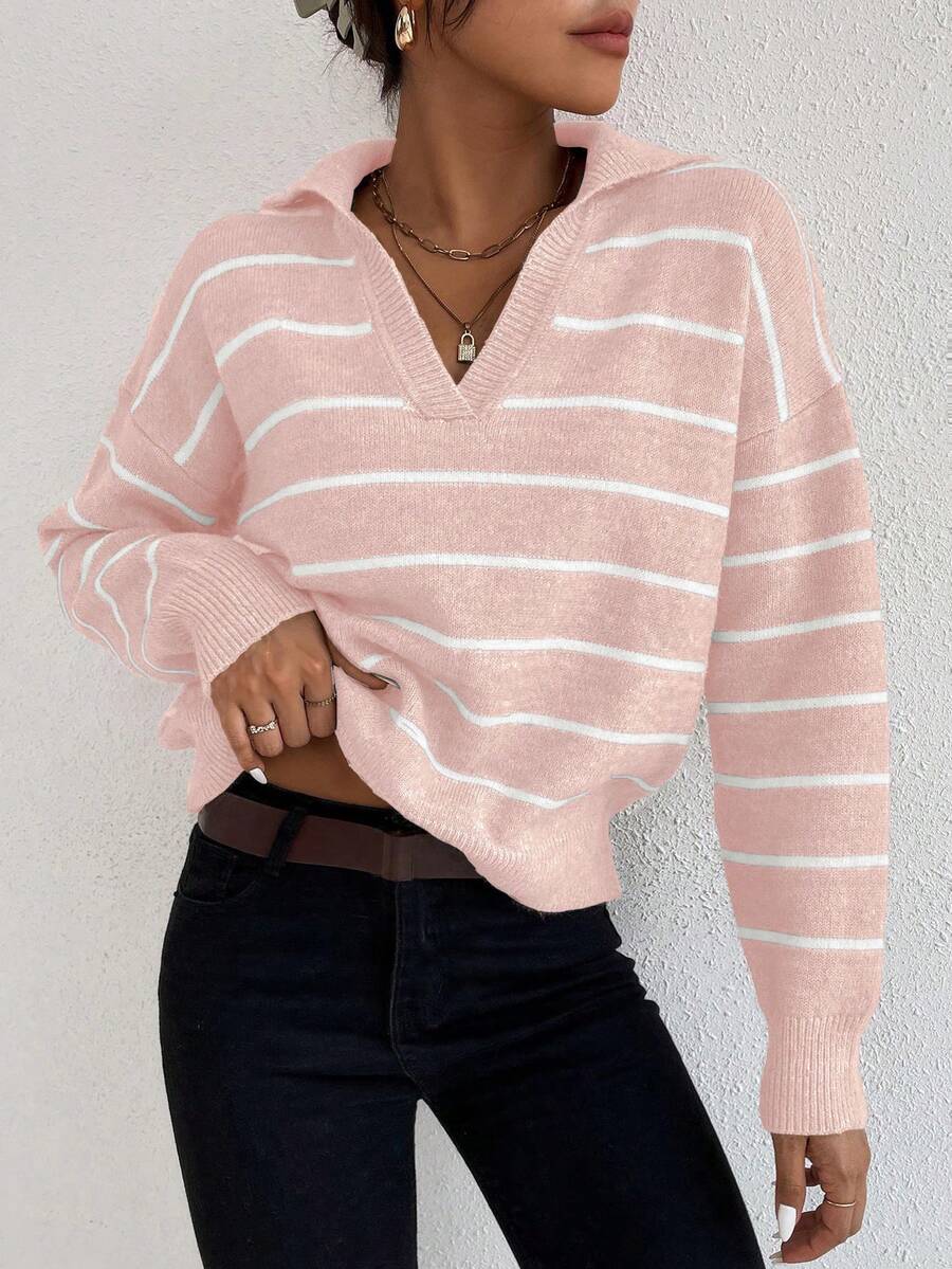 SHEIN Frenchy V領長袖條紋套頭毛衣 - 淺粉色 - 查看 1