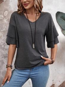 EMERY ROSE Women's Double Layer Ruffled Hem Short Sleeve T-Shirt