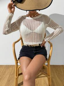 Breezaya 女士圆领镂空针织毛衣 秋冬款 - 杏色 - 查看 1