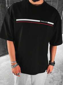 Manfinity Homme 男士條紋和字母圖案T恤 - 黑色 - 查看 1