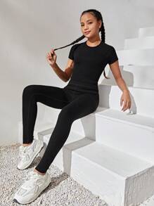 SHEIN Cô gái Dệt kim Sọc Áo thun Và Quần Quần áo thể thao Bộ - màu đen - Xem 6