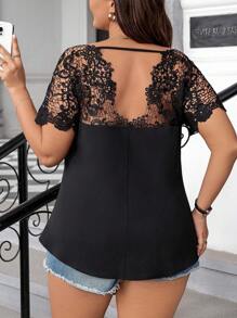 Rometta Plus Size Women'S Lace Splice Open Back Blouse - Black - View 3