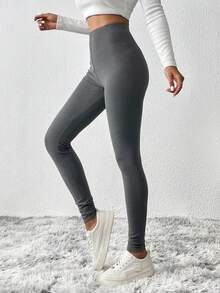 SHEIN Essnce 女士高腰保暖内衬紧身裤 - 棕色 - 查看 6