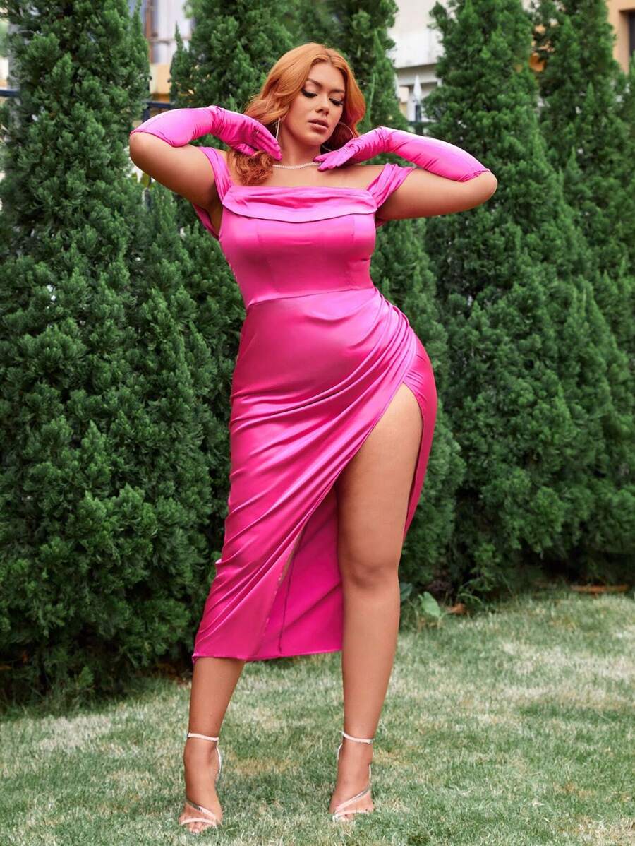 SHEIN SXY Plus Size Women's Off Shoulder Side Slit Dress - Pink - View 1