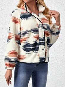 SHEIN LUNE Women's Geometric Pattern Sherpa Jacket - Multicolor - View 4