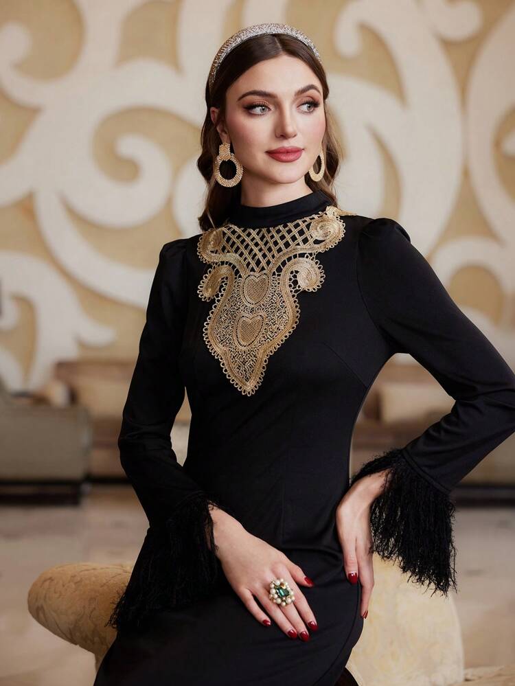 Embroidery Detail Round Neck Fringed Bodycon Dress