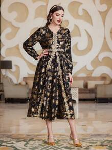Modelyn Women's Full Printed Lace Splice Dress Long Evening Dresses