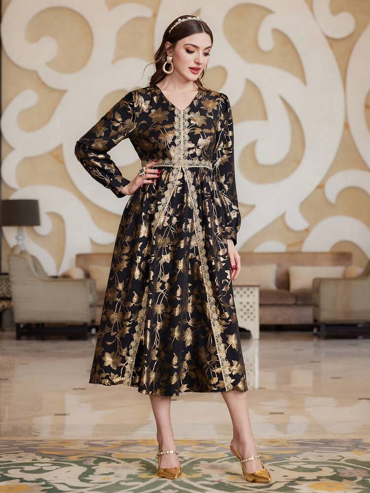 Women's Full Printed Lace Splice Dress Long Evening Dresses Fall Cloth For Women