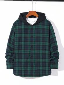 SHEIN 男孩休閒格紋紐扣襯衫,字母印花與拼色帽子 - 墨綠色 - 查看 6