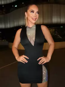 Zolique Vestido De Malla Sin Mangas Con Aplicación De Red Adornada Con Diamantes De Imitación - Negro - Ver 5