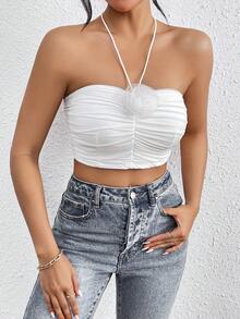 SHEIN VCAY Women's Ruffle Hem Tank Top With 3d Flower Embellishments - White - View 6