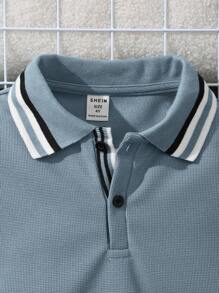 SHEIN Young Boy Comfortable And Loose Fit Knit Long Sleeve Polo Shirt - Blue - View 4