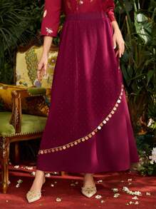 Al Najma Burgundy Red Women'S Metallic Sequin Decoration Wrapped Bodycon Skirt - Burgundy - View 3