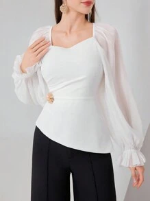 Modelyn Của phụ nữ Mảnh lưới Cổ Trái tim Tay áo dài Áo sơ mi - trắng - Xem 3